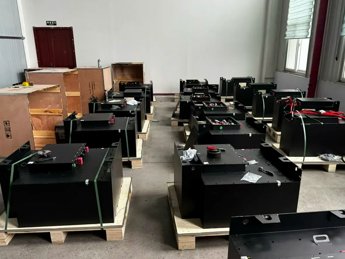 Industrial lithium battery packs arranged on pallets