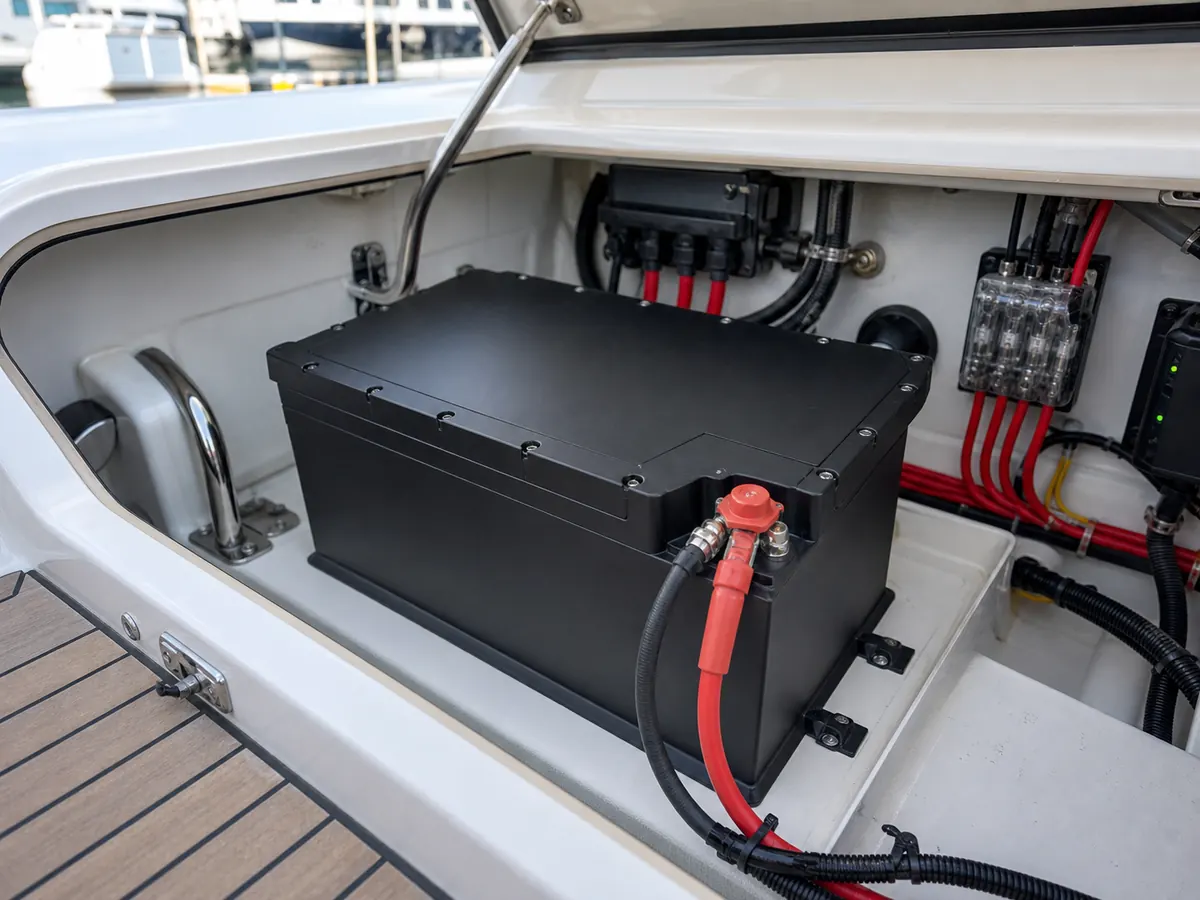 Marine lithium battery installed in boat equipment