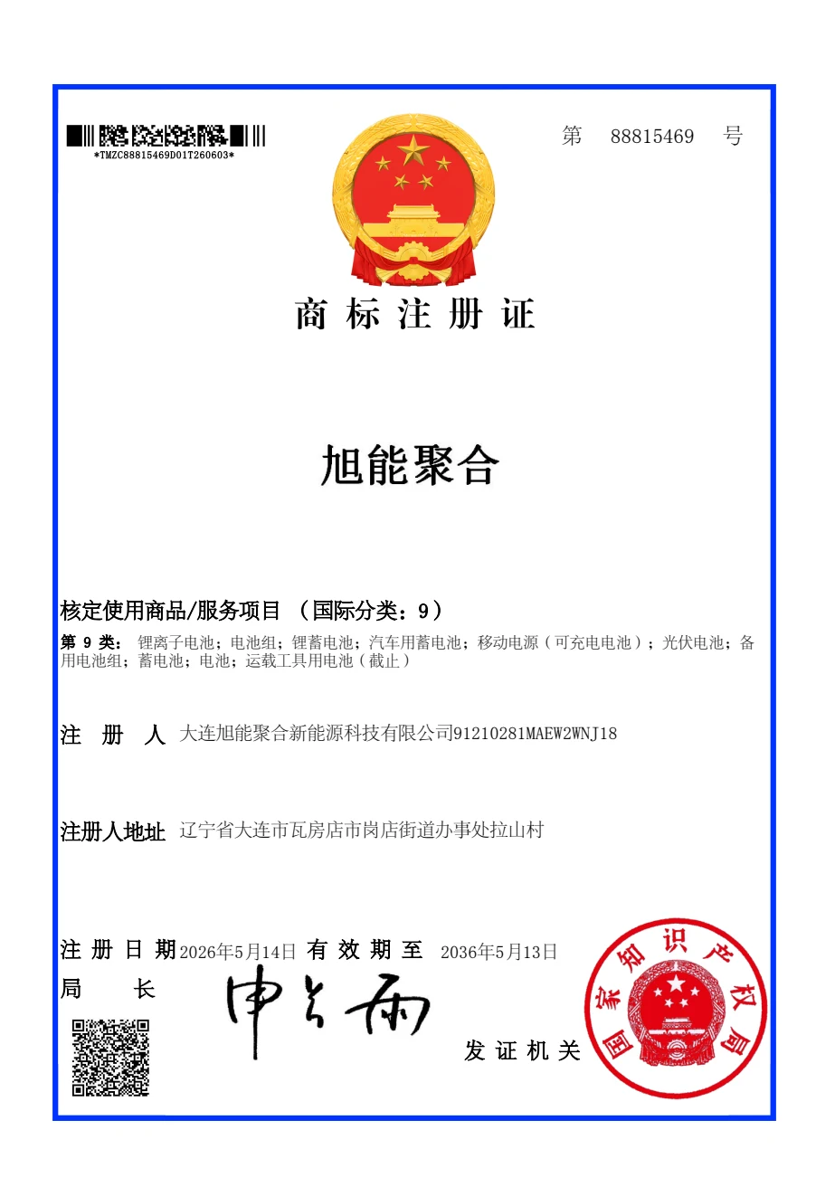 Trademark registration certificate for Class 9 battery products